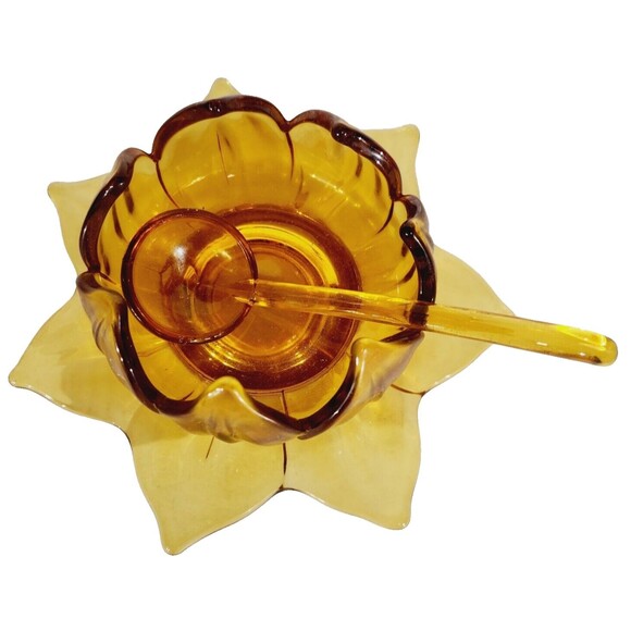 Amber Glass Condiment Jelly Sugar Dish Floral Lotus Bowl Tray Spoon Vtg *Crack - Picture 3 of 12